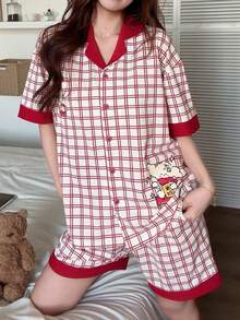 Bộ đồ ngủ nữ 2 món, kiểu dáng mới mùa xuân/hè, mềm mại và thoáng khí, tay ngắn, dáng rộng, họa tiết kẻ caro, màu đỏ. - Đỏ - Xem 10