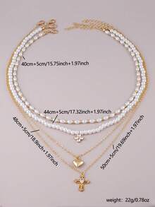 4pcs Faux Pearl & Cross Heart Pendant Multilayer Necklace Set, Suitable For Women's Daily, Date, Music Festival, Party, Layering - Yellow Gold - View 2