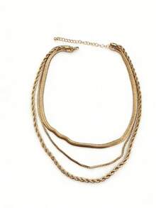 1pc 3 Layer Gold Tone Snake Chain & Cuban Link Layered Necklace For Women, Vintage Minimalist Collarbone Chain, Fashion Daily Wear Jewelry - Necklace - View 3
