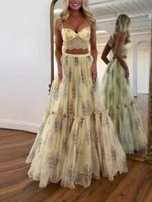 Two-Piece Women's French Retro Floral Print Camisole And Long Skirt Set For Vacation And Everyday Wear. - 黃色 - 查看 1