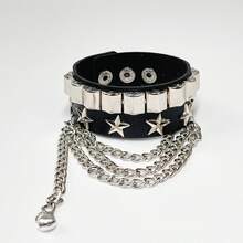 3件套黑色哥特式PU皮革铆钉朋克手链男士手链 - 黑色#1 - 查看 3