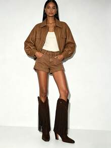 Fringe Knee High Cowboy Boots For Women Pointed Toe Block Thick High Heels Pull On Fall Vintage Western Cowgirl Boots - Brown - View 7