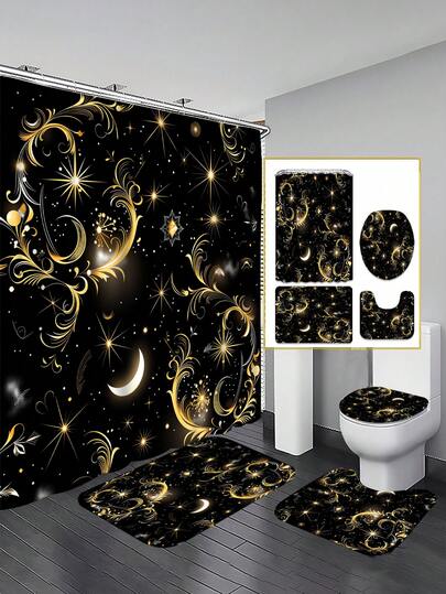 1/3/4 Sets Black & Gold Star, Moon, Floral Bathroom Shower Curtain Set; Luxury Retro Design, Waterproof & Durable, Suitable For Bathroom Decor & Accessories. Size: 71"X71", Includes 12 Hooks, Toilet Seat Cover, Bath Mat & Rug