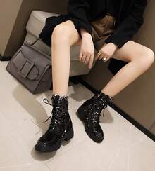 Womens Lace Up Sequin Ankle Boots Glitter Round Toe Chunky Heel Combat Booties Fashion Party Dress Shopping Halloween Outdoor Boots For Women - 黑色 - 查看 4
