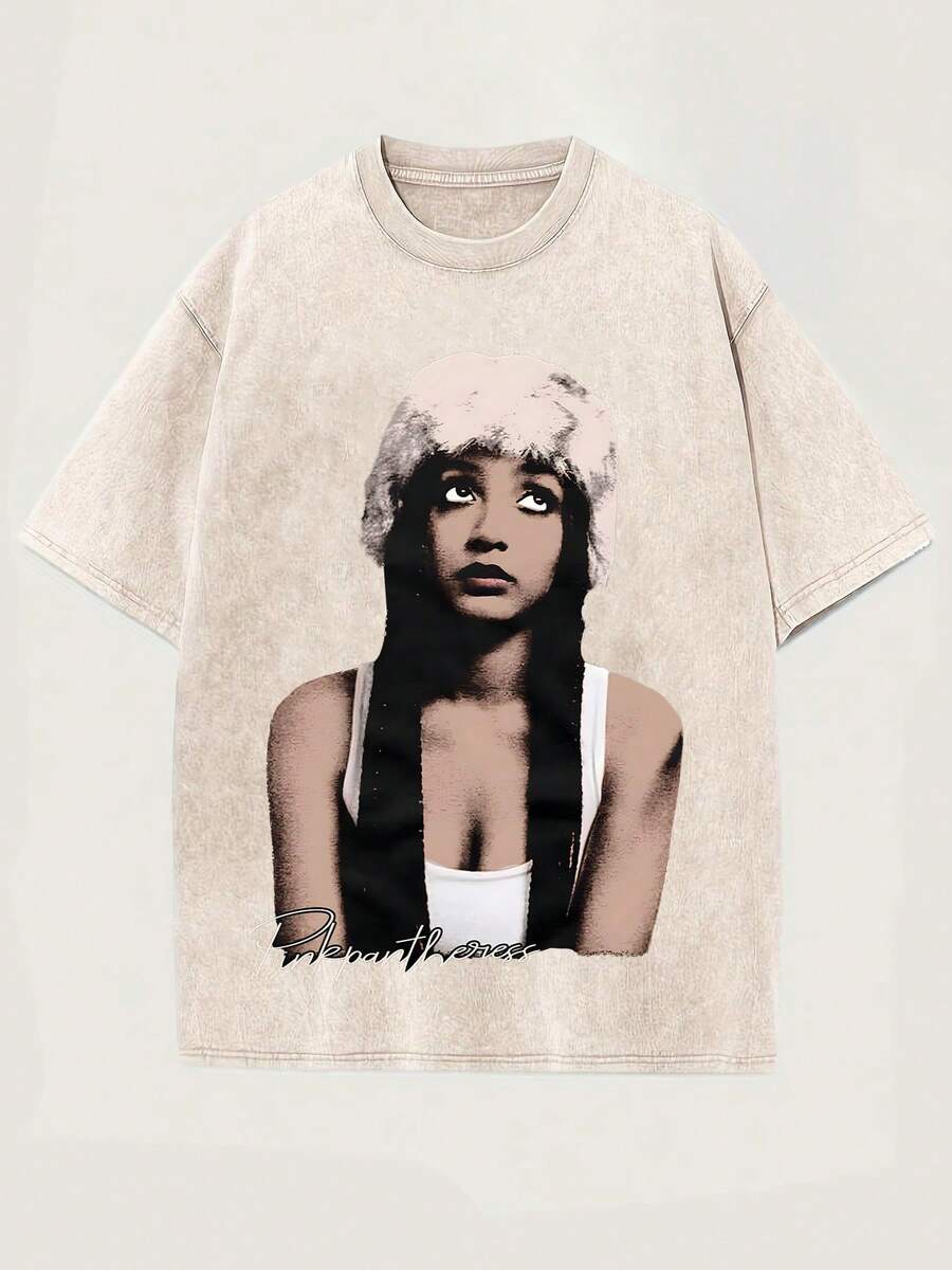 Black Vintage Washed Cotton Tee For Women 18-50 Pinkpantheress Signature Graphic Print Indie Pop Streetwear Loose Fit Top - Màu be - Xem 1