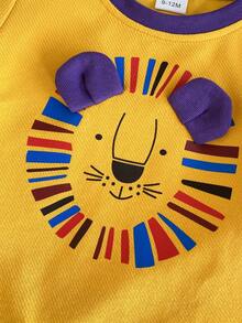 Cute Lion Colorblock Set! Yellow Striped T-Shirt With 3D Lion Ears & Colorful Mane, Paired With Purple Shorts + LION Pocket, Ribbed Fabric Breathable & Skin-Friendly, Full Of Childlike Charm, Comfortable & Eye-Catching - Yellow - View 3