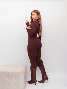 Virginia Ribbed Jumpsuit Tricot Modal With Zipper On The Front Great Quality Women's Jumpsuit Long Sleeve Fashion Style - 咖啡棕 - 查看 6