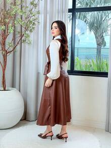 Midi Dress With A Flared, Fitted Waist In Faux Leather. Modest And Elegant Fashion. Conservative/Modest. Suitable For Parties, Casual Wear, Boho, Formal And Evening Wear, Office, Everyday Wear, Autumn/Winter. - Rỉ Nâu - Xem 5