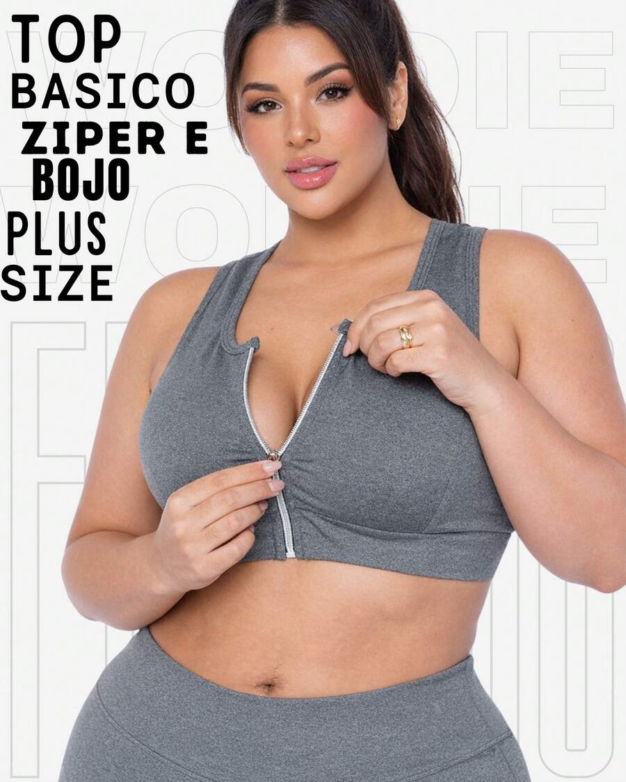 WOLFOC Women's Plus Size Cropped Fitness Top With Zipper And Removable Pads In Suplex Polyester - Grey - View 1