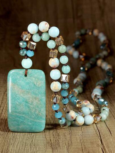 Handmade Knotted Agate & Amazonite Beaded Long Necklace, Elegant Luxury Geometric Pendant Necklace