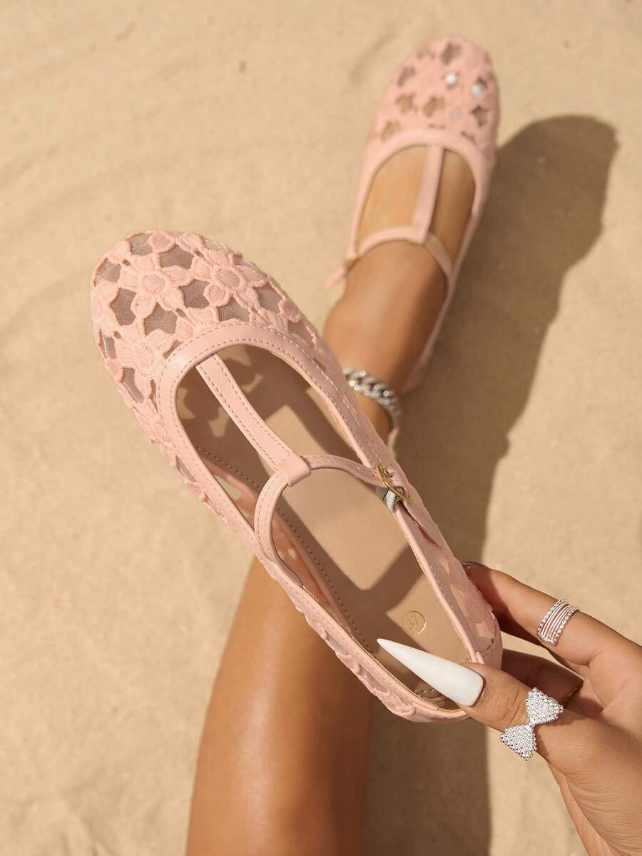 女士T字带搭扣网布刺绣圆头甜美透气平底鞋，粉色蕾丝玛丽珍凉鞋，沙滩度假鞋 - 粉色 - 查看 1