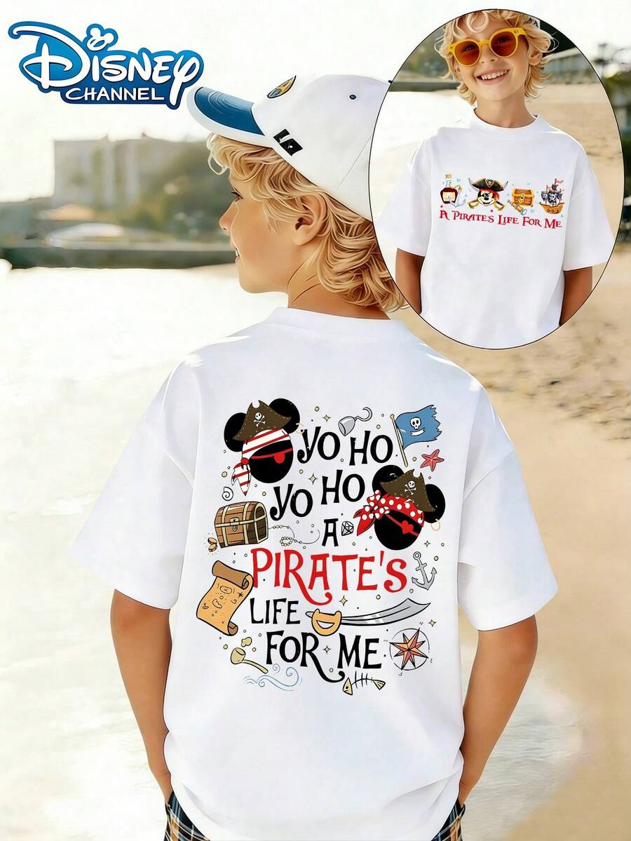Disney Mickey Mouse Pirate Theme - A PIRATE'S LIFE FOR ME Print Pattern Summer Tops,Short-Sleeved Casual And Cute Style  Children's Clothing Design, Boy Clothes For Kids ,Ropa Para Niños,Boy Clothes For Kids,Graphic Tee, Summer Clothes,Perfect For Cool Boy. Comfortable And Breathable Children's Short-Sleeved T-Shirt. Comfortable And Casual Wear All Year Round 180g Pure Cotton Children's Clothes,Comfortable & Lightweight, Iconic Print For Mix-And-Match Outfits,Suitable For Both Boys And Girls. - 白色 - 查看 1