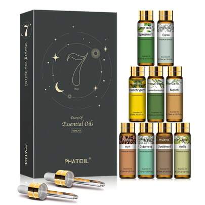 PHATOIL Premium Essential Oils Set 9pcs 10ml/0.33fl.Oz Essential Oils Set Scented Oils For Soap, Candle Making,Diffuser, Humidifier, DIY Perfume-Vanilla/Sanalwood/Cedarwood/Cypress/Myrrh/Neroli/Helichrysum/Lemon Eucalyptus/Spearmint