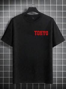 Vintage Street TOKYO Red Underground Racing Car Pattern Men's Loose Short Sleeve 100% Cotton T-Shirt Breathable Summer Top  Printed Daily Outfit - 黑色 - 查看 2