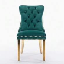 Modern Series High-End Solid Wood Upholstered Dining Chair In Quilted Velvet With Gold-Plated Stainless Steel Legs And Rivet Trim, Set Of Two Handles, Green, DE1601GN - Green - View 2