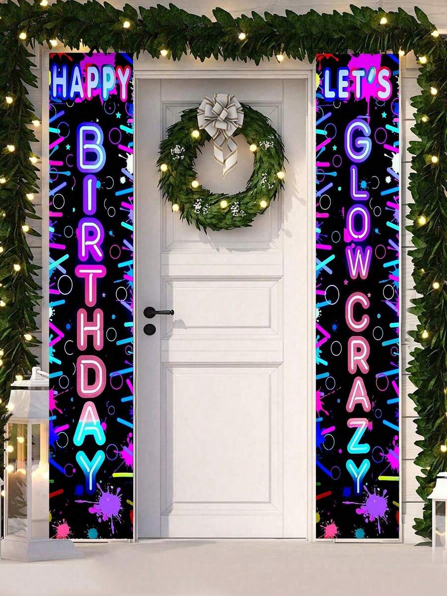 2件装霓虹灯风格生日门帘，印有“生日快乐”字样，生日派对背景装饰，室内/室外悬挂横幅，派对拍照道具，生日横幅，夜光帘，庆祝用品，生日派对礼物，复古派对装饰，悬挂装饰