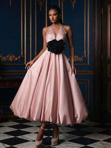 Vestido largo con vuelo sin mangas y espalda descubierta con detalle de volantes, para ocasiones formales, fiestas, bodas y primavera - Rosa Pálido - Ver 1
