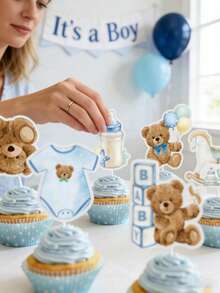 12Pcs Teddy Bear Baby Shower Cupcake Toppers, Blue/Pink Baby Theme Cake Decor Toppers For Gender Reveal 1st Birthday Welcome Newborn Baby Party Dessert Table Supplies Baby Shower Party Favors Baby Shower Party - Multicolor - View 2