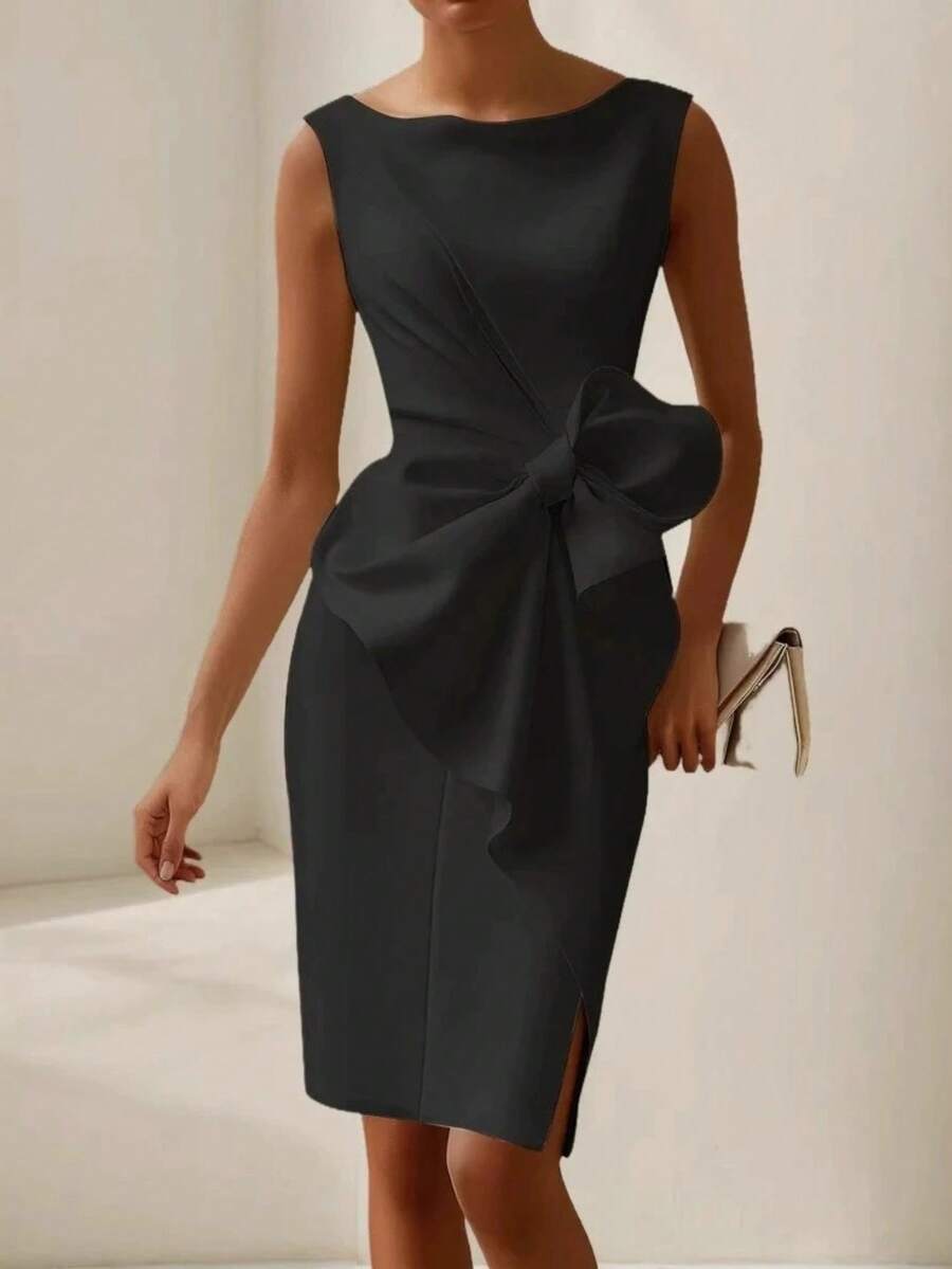 Short Strappy Dress With Bow Embellishment - Black - View 1