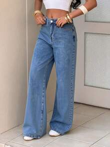 Pantalones de mezclilla rectos lavado, elásticos, efecto levantador de glúteos, control abdominal y caída amplia - azul claro - Ver 4