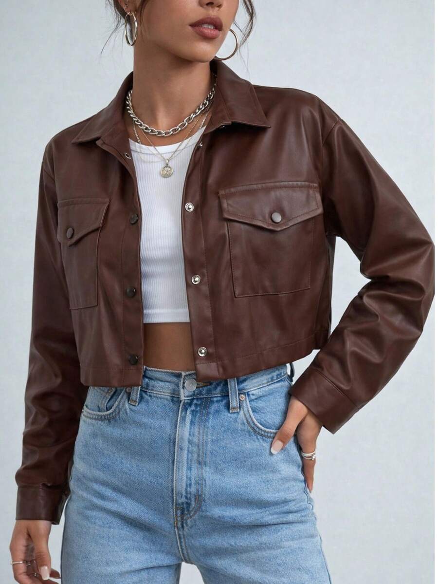 Casaco Curto Elegante  para Mulher, Manga Comprida Casual,  Botões  Bolsos , Primavera e o Outono,