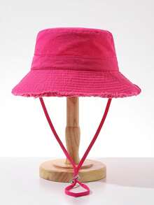 Korean Style Frayed Brim Bucket Hat, Summer Outdoor Hiking Sun Protection Hat - Rose Red 1 - View 2