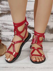 Women's Metal Buckle Design Lace-Up Flat Sandals, Bohemian Style Open Toe Beach Roman Shoes For Summer - Red - View 2