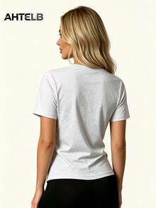 AHTELB 透气短袖运动上衣，速干运动衫，女士健身房运动服，夏季女士服装，女士T恤，女士健身服，运动上衣，健身衫 - 白色 - 查看 2