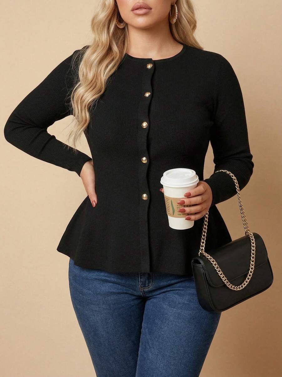 Voworia Cardigan Sweater Wanita Ukuran Besar Warna Polos Lengan Panjang Kerah Bulat. Bagian bawah berkerut menambah sentuhan elegan dan mewah. Sweater hitam yang elegan dan berkelas ini. - Hitam - View 1