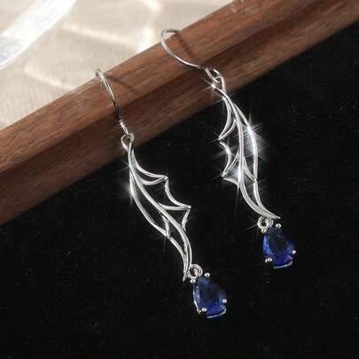 1 Đôi bông tai dáng lá rỗng đính đá Cubic Zirconia tổng hợp màu xanh dương thanh lịch, phụ kiện trang sức thủ công dành cho nữ, thích hợp cho các bữa tiệc và họp mặt, món quà bất ngờ dành cho bạn bè.