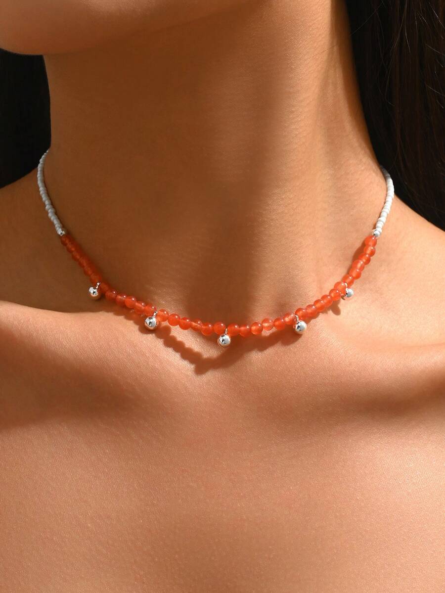 1 pieza Collar con colgante de cuentas de arroz y cuentas redondas de moda para mujeres