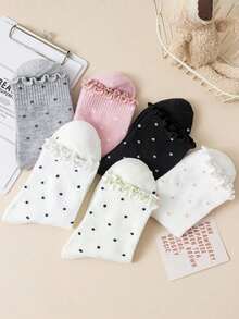 6pairs Ruffle Polka Dot Cute Student White Sport Crew Socks, Autumn/Winter, Fall - 彩色 - 查看 4