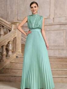 Đầm dạ hội trang trọng xếp ly đính sequin cổ tàu dành cho nữ. - Màu xanh Bạc hà - Xem 1
