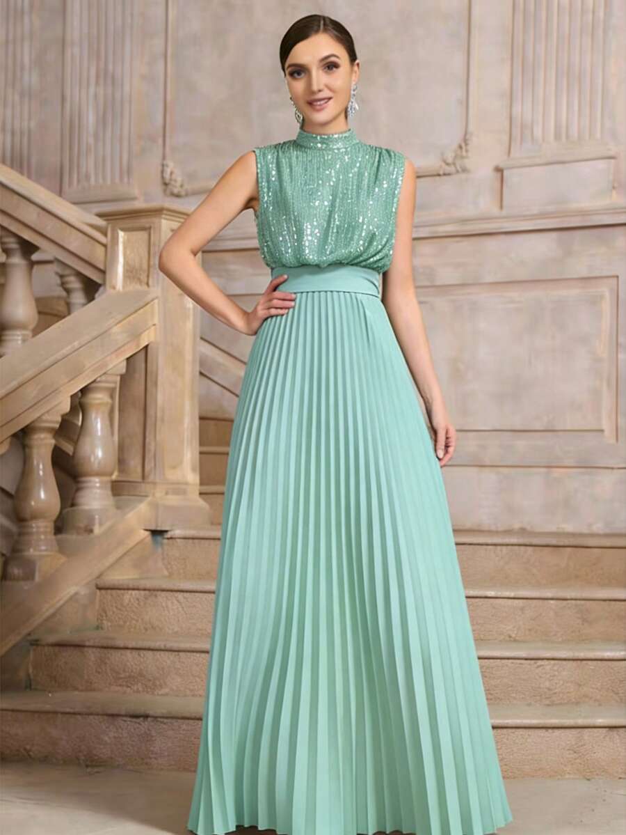Đầm dạ hội trang trọng xếp ly đính sequin cổ tàu dành cho nữ. - Màu xanh Bạc hà - Xem 1