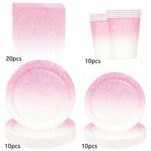 10 Stücke/20 Stücke/50 Stücke/80 Stücke rosa Farbverlauf Glitzer Papier Geschirr, rosa Pappteller & Becher 6,5" Servietten - 9" Speiseteller und 7" Dessert Teller, Partyzubehör geeignet für Hochzeit, Bridal-Shower, Geburtstagsfeier Dekoration, unisex - Rosa Farbverlauf - Übersicht 8
