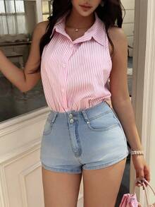 女士时尚无袖翻领衬衫，常规长度，粉色竖条纹上衣，适合日常穿着 - 粉色 - 查看 3