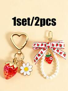 1/2/4 piezas Llavero con colgante decorativo en forma de fresa con perla y lazo de margarita, adecuado para billetera, llaves de coche - Llavero con lazo de fresa - Ver 12