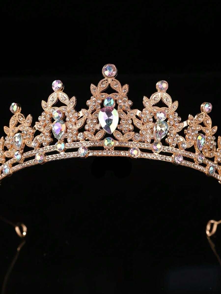 1件装女士红金水钻新娘皇冠，优雅精致，适合婚礼、舞会、派对佩戴，新娘头饰，夏季、海滩、节日、生日等场合皆宜。 - 幻彩色 - 查看 1