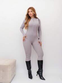 Virginia Ribbed Jumpsuit Tricot Modal With Zipper On The Front Great Quality Women's Jumpsuit Long Sleeve Fashion Style - 淺灰色 - 查看 7