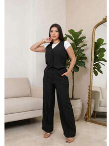 Women's Tailored Set: Vest And Wide-Leg Pants. Elegant, Casual, Chic, Modern, Conservative/Modest. Party/Fabric. Buttons Down The Front. Gathered Waist. Women's Formal Set. Office/Baby Shower/Formal And Evening. Holidays/Home/Summer, Spring And Autumn. - 黑色 - 查看 4