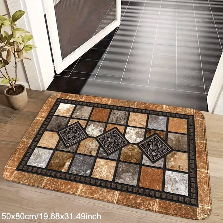 Vintage Tile Design Non-Slip Door Mat - Absorbent & Stain-Resistant, Perfect For Entryway, Kitchen, Bathroom | Hand Washable Polyester Rug