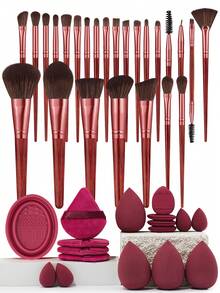 42件套化妆工具套装，包括：25支化妆刷套装+4个化妆海绵+4个迷你化妆海绵+4个三角粉扑+4个迷你气垫粉扑+1个化妆刷清洁工具 - 酒紅色 - 查看 13