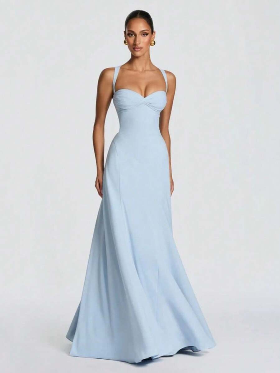 2026 Summer New Women's Fashion Elegant Temperament Long Dress For Party, Banquet, Date Evening Gown, Sexy Slim Fit Low-Cut Spaghetti Strap Dress - 藍色 - 查看 1