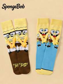 SpongeBob SquarePants 1/2 Đôi tất nam châm dài đến bắp chân hiệu SquarePants, kiểu dáng hoạt hình dễ thương độc đáo, dành cho cặp đôi/bạn thân, phong cách Nhật Bản & Hàn Quốc, mùa xuân/thu mới. - Nhiều màu - Xem 9