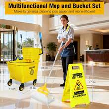 35 Qt Commercial Mop Bucket With Side Press Wringer On Wheels,Heavy Duty Industrial Mop And Bucket Set For Floor Cleaning,Including 1 Wet Floor Caution Sign For Household And Business,Yellow - 1 - 查看 2