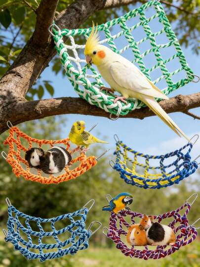 Set Colorful Bird Rope Net, Rat Climbing Rope Net, Pet Hanging Hammock, Bird Ladder Rope Bridge, Small Animal Rope Net Toy, Cage Decor Accessories For Rat Hamster Bird Ferret,Set Include 1pc,2pcs,3pcs,4pcs,5pcs