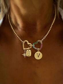 1 PC Gold Double&Colorful Heart Buckle Letter Necklace, With Luxury Eight Pointed Star And A-Z 26 Letter Pendant Necklace,Stainless Steel Chain, For Work, Daily Life, Banquets, Decor, Unique And Luxury Necklace - Yellow Gold - View 18