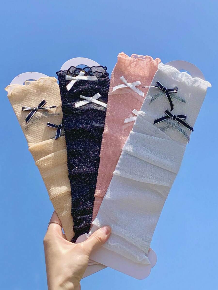 1/2/5 Pairs Women Colorful Sunscreen Arm Sleeves, Ultra-Thin Shiny Silver Thread Bow Mesh Leg Warmers, Leg Warmers, Ballet Y2K Style, Spring/Summer - Multicolor - View 1