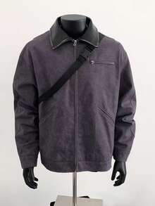 Men's Distressed Detroit Airbrush Print Zip-Up Jacket - Vintage Deconstructed Patchwork Oversized Streetwear - 深灰色 - 查看 2