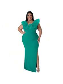 Women's Solid Color Fitted Party Dress - Green - View 5